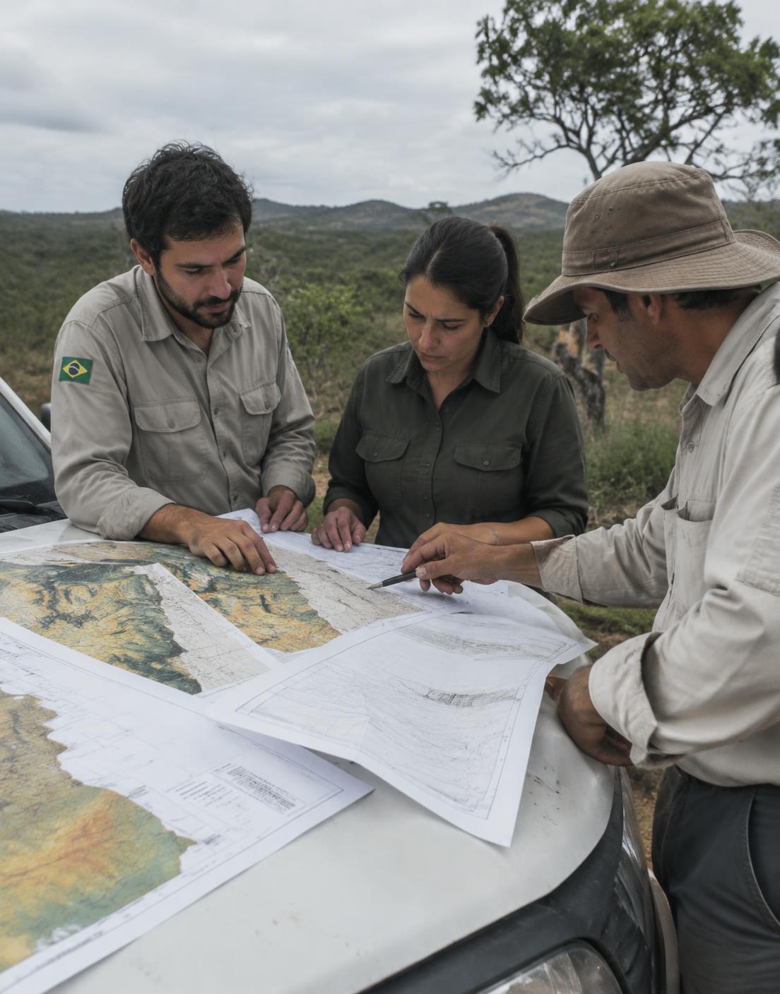 Equipe técnica analisando mapas em campo