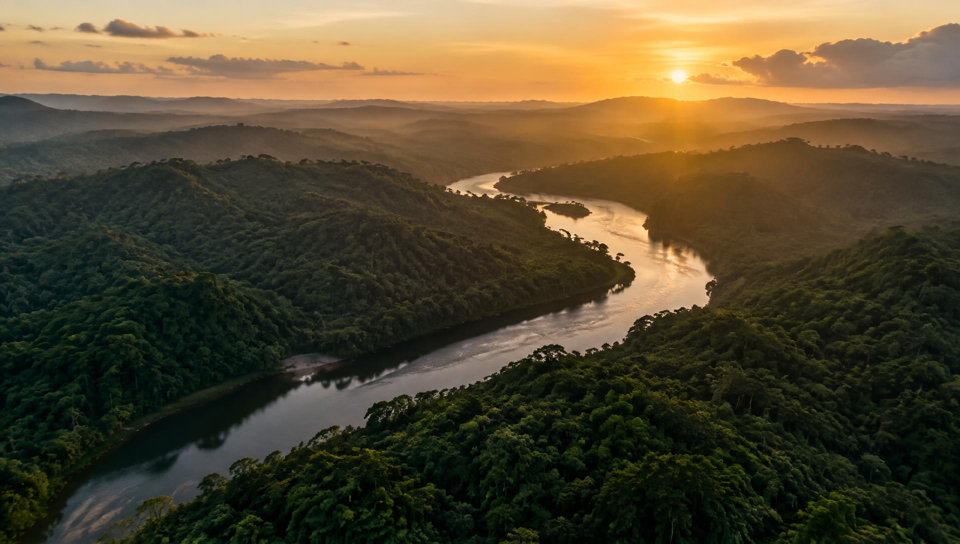 Rio atravessando floresta brasileira ao entardecer